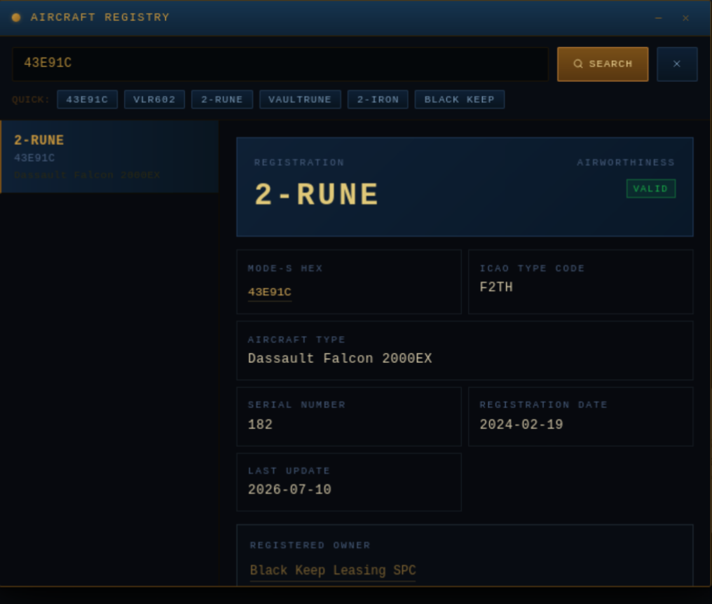 Aircraft Registry tab opened for Mode-S 43E91C